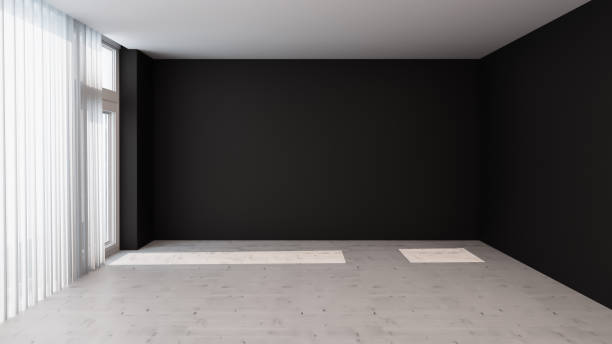 istock Interior design. Black walls with large windows in an empty room without furniture. 3D rendering 1489085056