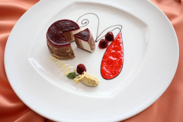 Dessert arranged on a plate at a gala banquet.