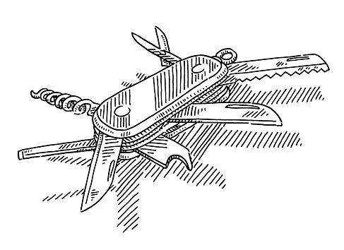 Hand-drawn vector drawing of a Swiss Army Knife. Black-and-White sketch on a transparent background (.eps-file). Included files are EPS (v10) and Hi-Res JPG.