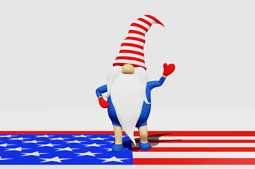 United States Independence Day gnome striped hat 3D rendering. 4th of July national USA flag holiday greeting card advertising party banner design. Scandinavian character american patriotic symbolics.