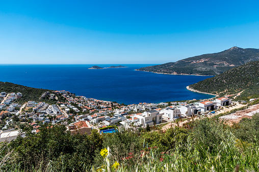 Aerial general view of the famous Kalkan district of Antalya city.