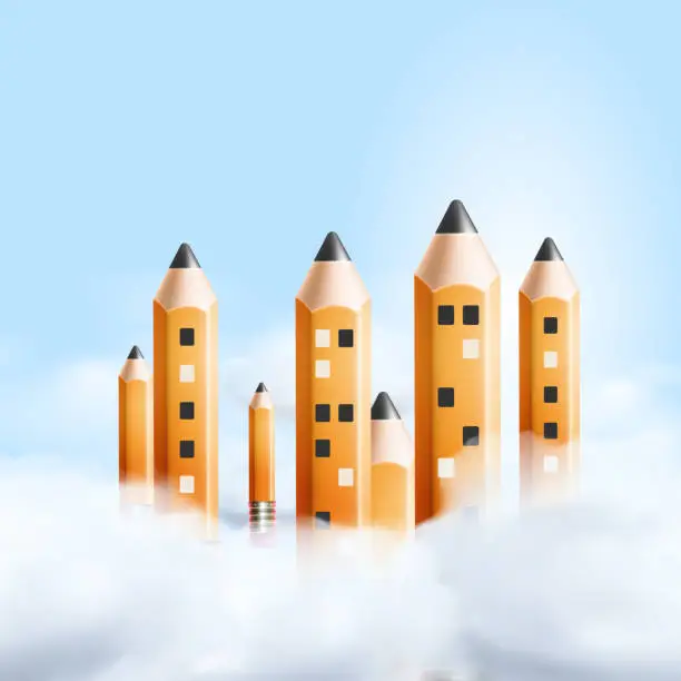 Vector illustration of Pencils like city buildings surrounded by clouds, vector illustration.