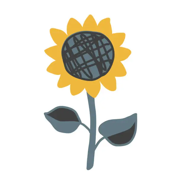 Vector illustration of Cute sunflower in folk Scandinavian style, isolated vector illustration. Adorable design element for craft products packaging, children goods and cards.