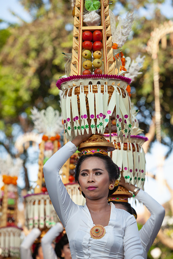 Denpasar, Bali island, Indonesia - June 11, 2016: Procession of beautiful Balinese women in traditional costumes - sarong, carry offering on heads for Hindu ceremony. Arts festival, culture of Bali.