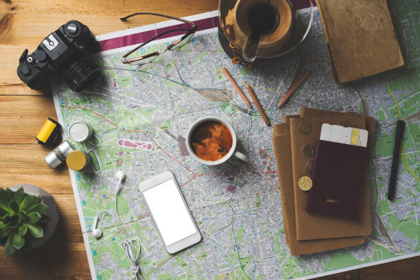 istock Travel concept flat lay with blank screen smart phone mockup 1489090940