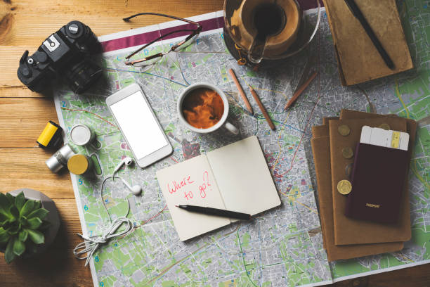 istock Travel concept flat lay, blank screen phone mockup 1489090962