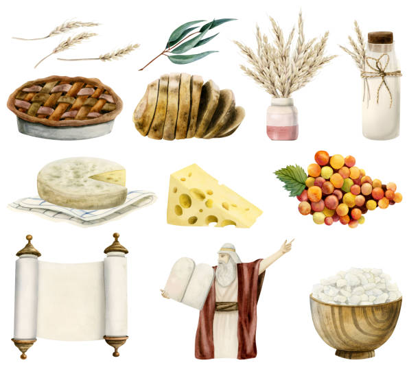 Shavuot symbols and traditional food illustration collection isolated on white. Bread, milk, cheese, grapes and apple pie. Moses with stone tablets and Torah scroll clipart Shavuot symbols and traditional food illustration collection isolated on white. Bread, milk, cheese, grapes and apple pie. Moses with stone tablets and Torah scroll clipart. apple pie cheese stock illustrations