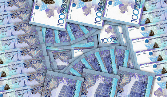 Kazakh Tenge banknotes in a cash fan mosaic pattern. Kazakhstan KZT 10000 money notes. Abstract concept of bank, finance, economy decorative design background 3d illustration.