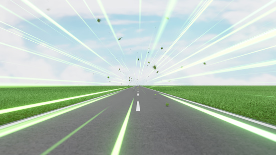 Green speed light trail on road with leaves, renewable energy highway transportation concept, clean eco power car street light with blue sky, zero emission electric vehicle technology 3d rendering