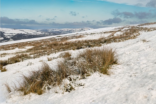A snow-covered slope with patches of grass visible in the foreground