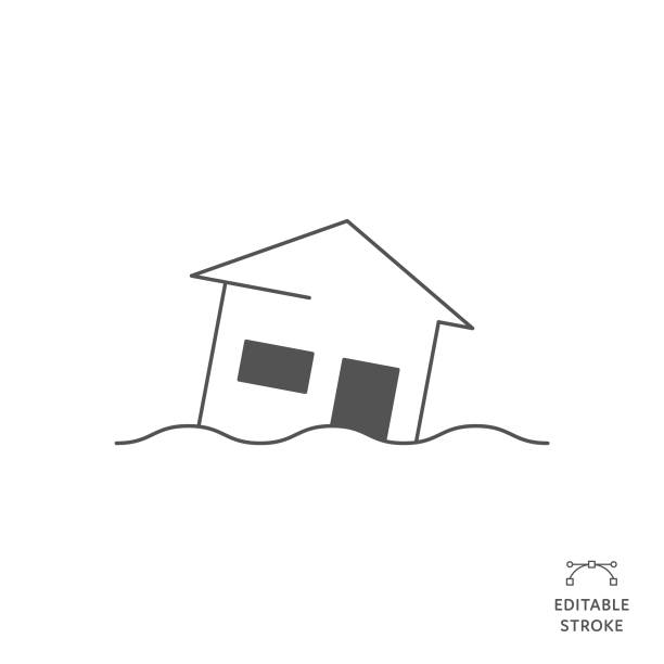 Flood Disaster Flat Line Icon with Editable Stroke. The Icon is suitable for web design, mobile apps, UI, UX, and GUI design. Flood Disaster Flat Lineal Icon with Editable Stroke. The Icon is suitable for web design, mobile apps, UI, UX, and GUI design. storm surge icon stock illustrations