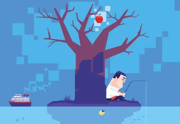 Vector illustration of businessman sitting beside apple tree and fishing on island