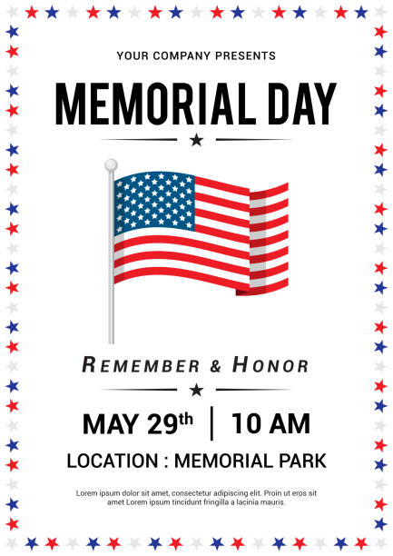 illustrazioni stock, clip art, cartoni animati e icone di tendenza di modelli di poster per il memorial day design vettoriale. bandierina degli stati uniti con la cornice della stella - backgrounds us memorial day patriotism american flag