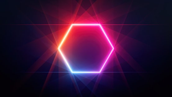 3d render, abstract neon background with red blue hexagonal frame glowing in the dark. Minimalist geometric wallpaper