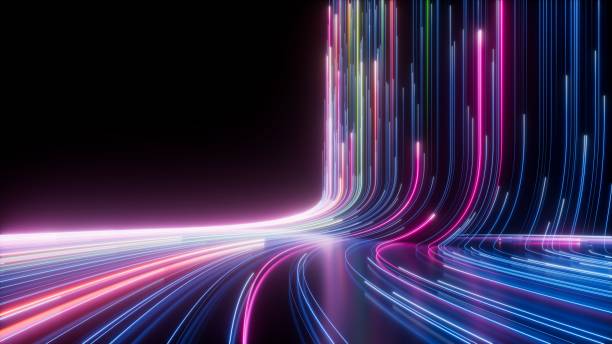 istock 3d render, abstract background, colorful neon lines, futuristic wallpaper. Digital data transfer 1489097445