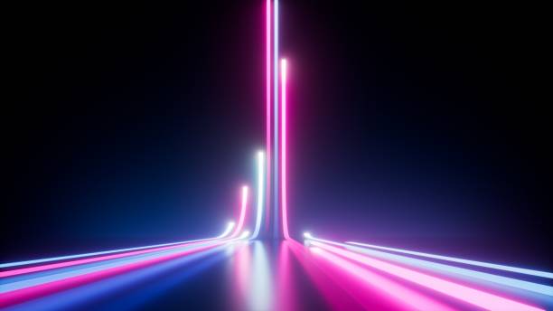 istock 3d render, abstract background with vertical bright neon lines glowing in the dark. Futuristic ultraviolet wallpaper 1489097453