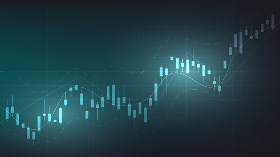 economy situation concept. Financial business statistics with candlestick chart show stock market price and currency exchange on dark background