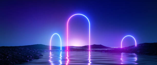istock 3d render, abstract futuristic background. Panoramic view of neon glowing arch geometric shapes in the water with reflection, under the night sky. Fantastic wallpaper 1489099702