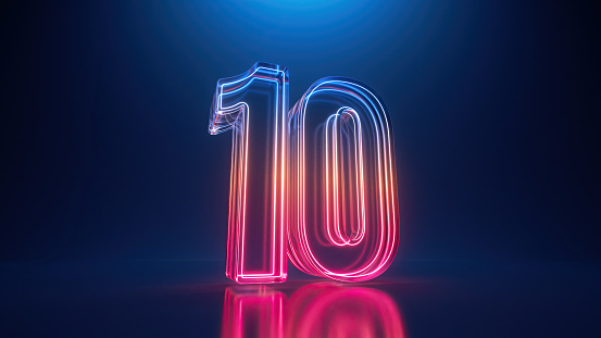 3d rendering. Neon number ten. Glowing colorful line inside the glass symbol 10 shape. Top chart