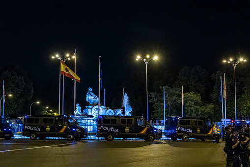 Madrid, Spain. May 7, 2023. Night celebration in cibeles square of real madrid soccer team fans after winning the king's cup of spain.