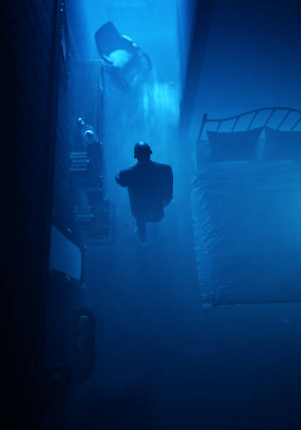 istock Bedromm at night with man walking in. High angle view. 3D render. 1489100883