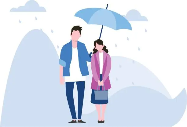 Vector illustration of The couple is walking in the rain with an umbrella.