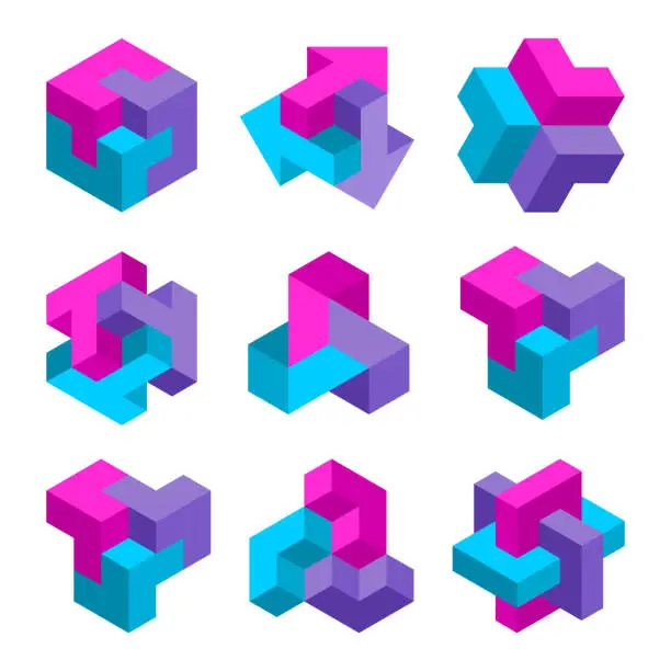 Vector illustration of Colorful geometric cube elements. Group of 3D graphic shapes. Isometric logo design template.