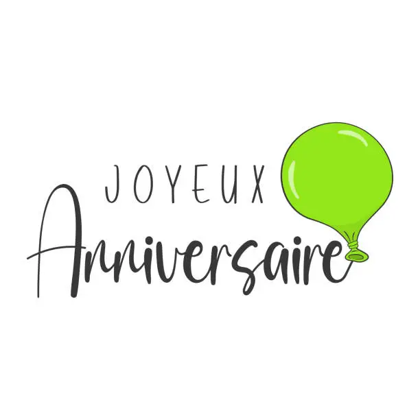 Vector illustration of Happy Birthday lettering in French (Joyeux Anniversaire) with green balloon