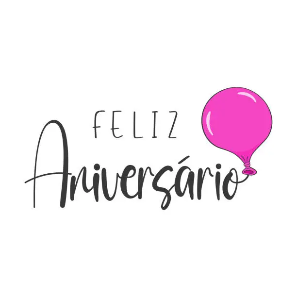 Vector illustration of Happy Birthday lettering in Portuguese (Feliz aniversário) with purple balloon