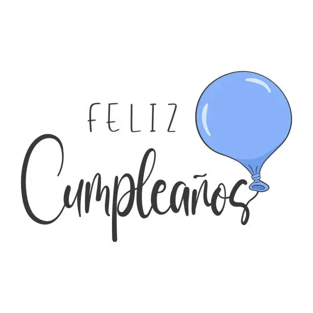 Vector illustration of Happy Birthday lettering in Spanish (Feliz cumpleaños) with blue balloon