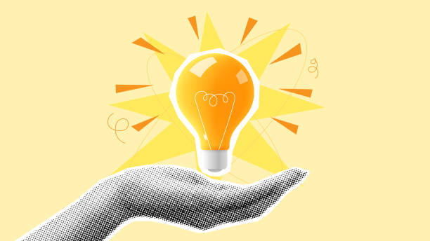 ハーフトーンハンドは電球のレトロな未来的なステッカーを示しています - light bulb inspiration ideas innovation点のイラスト素材／クリップアート素材／マンガ素材／アイコン素材