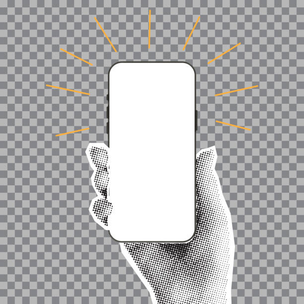 Template of phone in halftone hand retro futuristic stickers Template of phone in halftone hand. Vector illustration with hand holding phone with blank display isolated on checkered background. Paper cut out element for decoration of banners and posters. digital enhancement stock illustrations