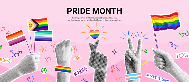 Pride Month collage concept. Vector illustration with halftone hands holding flags and shows different gestures. Collage with cut out paper elements for decoration of LGBT events.