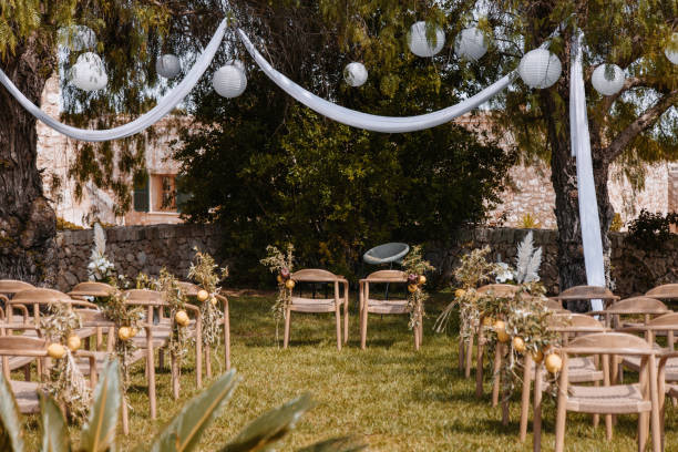 istock Simple wedding altar with chairs under green trees outdoors 1489107571
