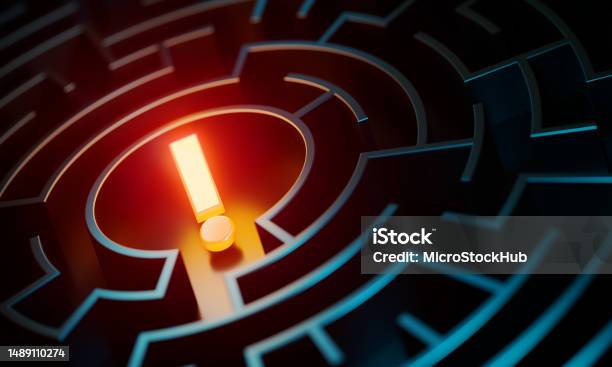 Glowing Exclamation Point Sitting At The Center Of A Maze Illuminated By Orange And Blue Lights Stock Photo - Download Image Now