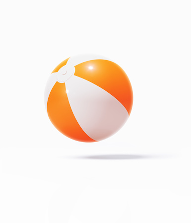 Orange and white colored beach ball on white background. Vertical composition with clipping path and copy space.