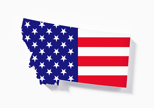 State border of Montana textured with American flag on white background. Horizontal composition with copy space.