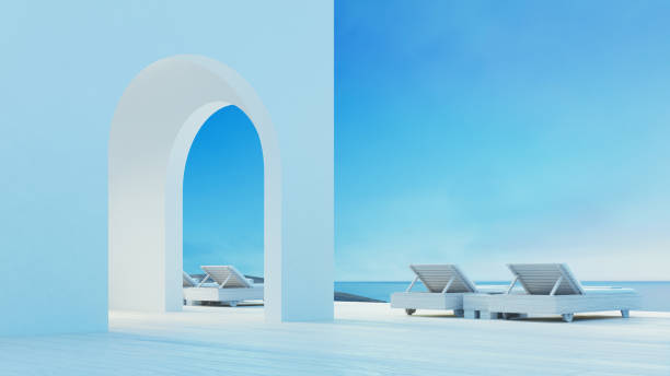 istock Beach luxury Lounge Terrace on Sea view - Santorini island style - 3D rendering 1489111568