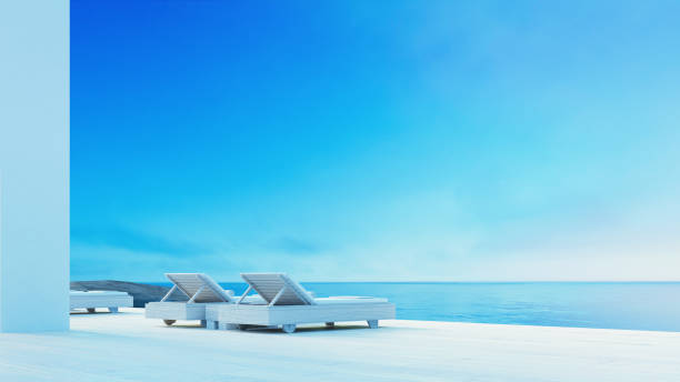 istock Beach luxury Lounge Terrace on Sea view - Santorini island style - 3D rendering 1489111569