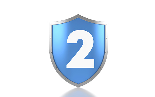 Blue Shield And Number 2 On White Background. Security Concept.