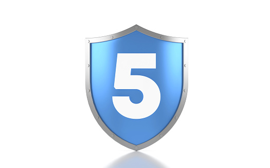 Blue Shield And Number 5 On White Background. Security Concept.