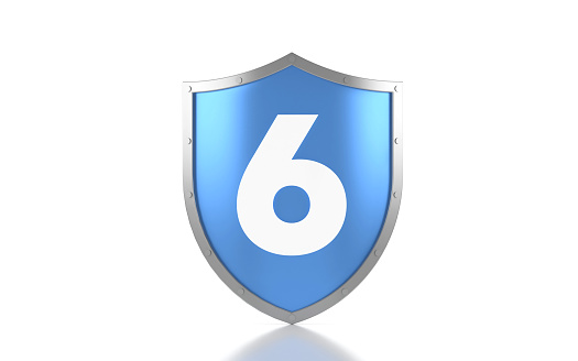 Blue Shield And Number 6 On White Background. Security Concept.