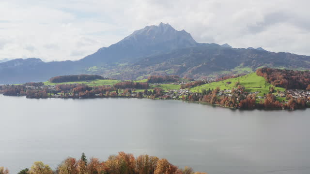 Drone aerial view of Geneva Lucerne lake with mountain and beautiful nature scenery landscape contour