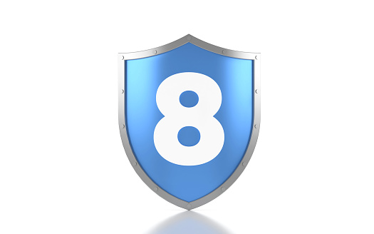 Blue Shield And Number 8 On White Background. Security Concept.