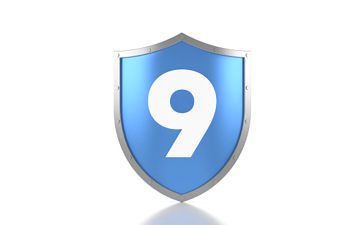 Blue Shield And Number 9 On White Background. Security Concept.