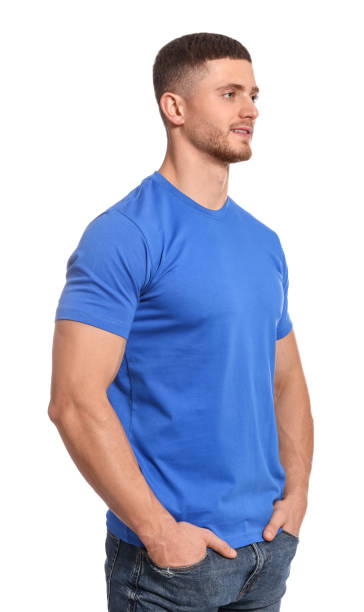 istock Man wearing blue t-shirt on white background. Mockup for design 1489124467