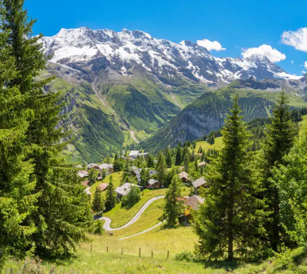 The panorama of Mürren and Hineres Lauterbrunnental valley with the peaks   Gletscherhorn, Ebenfluh, Mittaghorn Grosshorn and Breithorn.