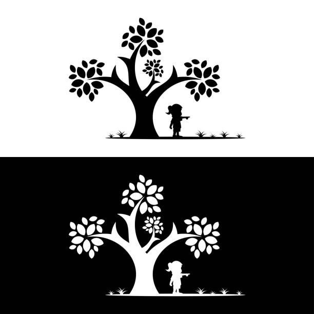 ilustraciones, imágenes clip art, dibujos animados e iconos de stock de logotipo de silueta de una niña jugando bajo el árbol - swing child silhouette swinging