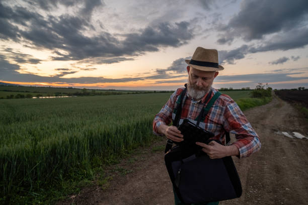 istock Farmer in a wheat field at sunset. 1489126774