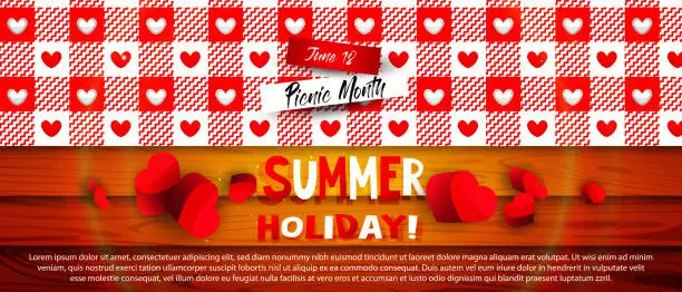 Vector illustration of Picnic month holiday card in cartoon style. Text congratulations with hearts on the background of a red and white checkered picnic blanket and wooden boards.